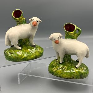 Vtg Staffordshire Pair of Sheep Mantle Spill Vases Right and Left Facing Kent